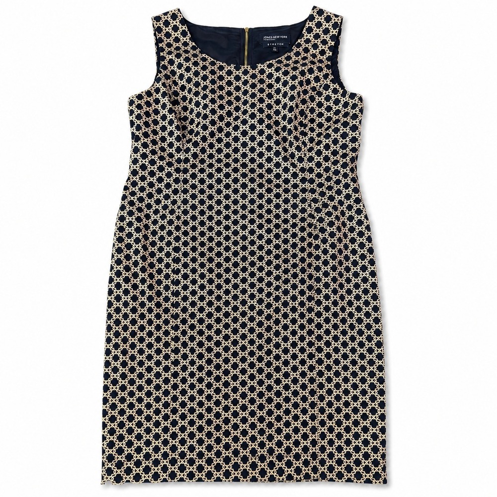 Jones New York Signature Stretch Dress Women 12 Navy Tan Geometric Sheath Career